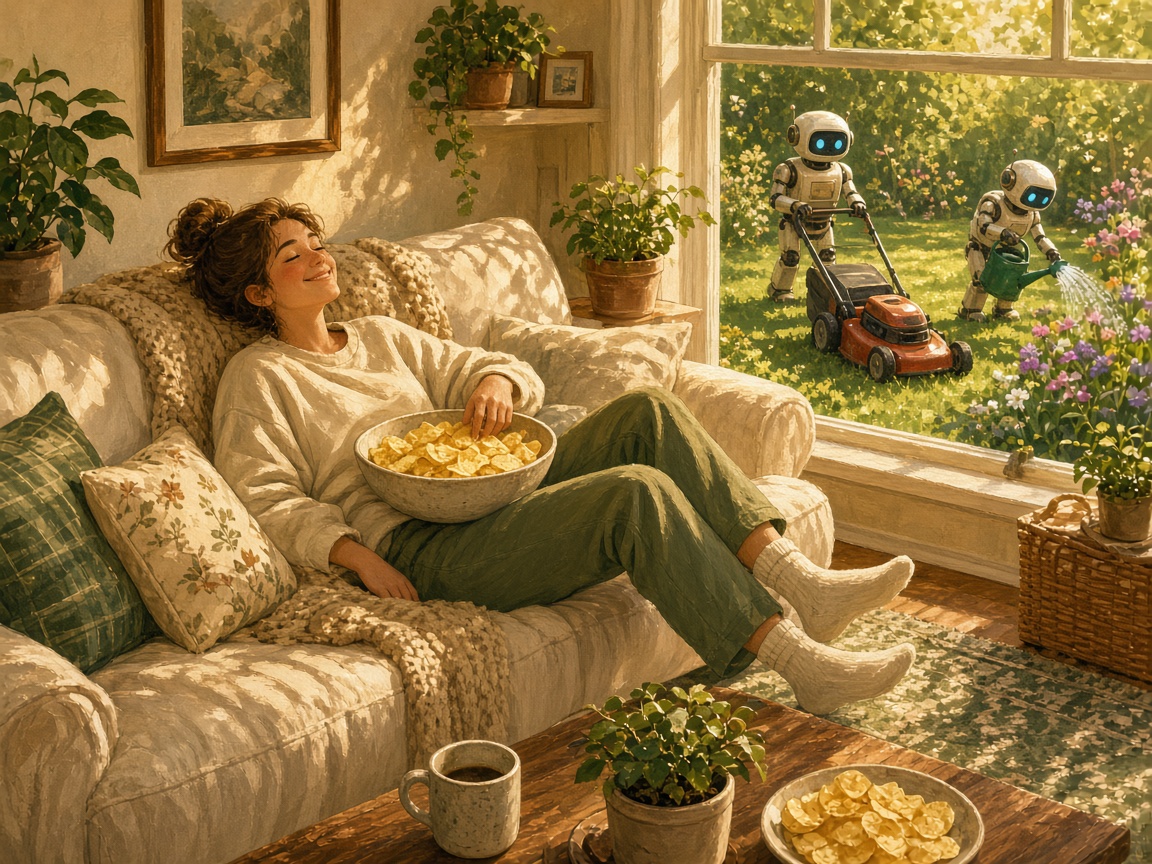 A person happily eating chips on the couch while robots mow the lawn outside