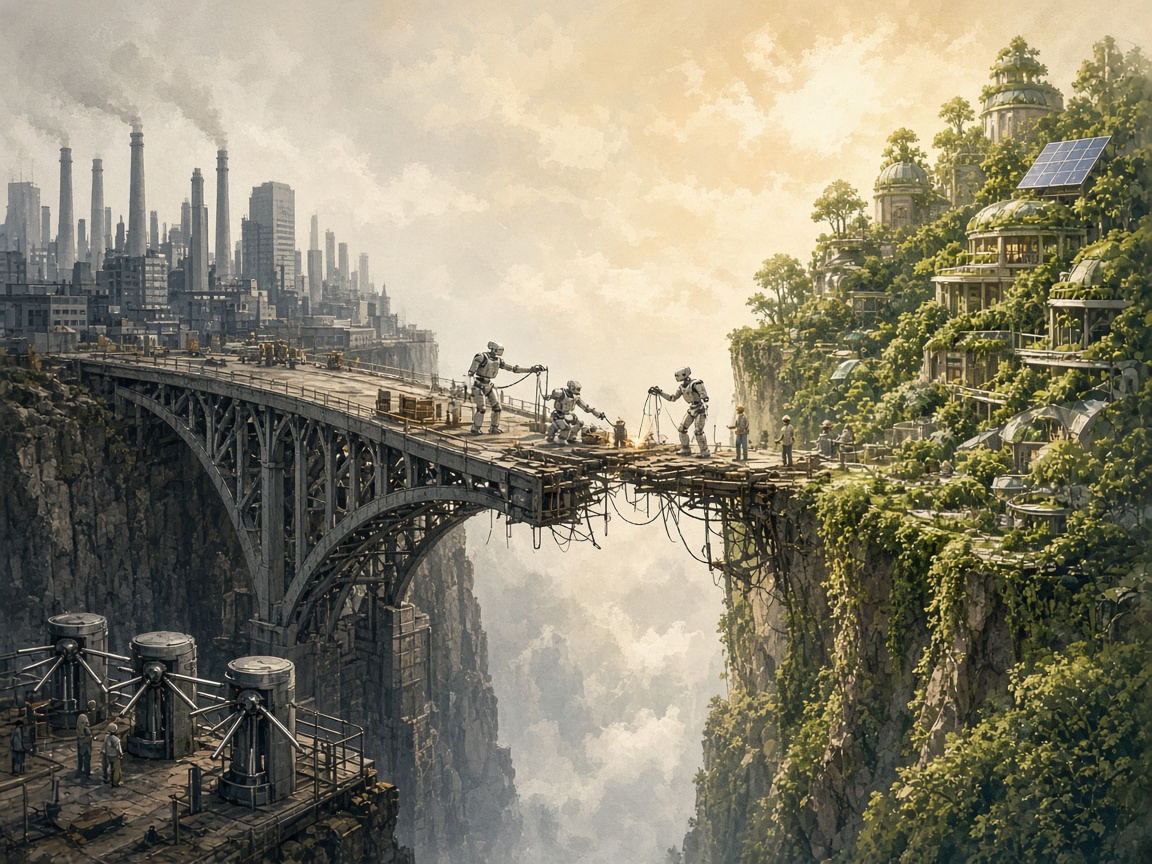 A half-built bridge between two cliffs, one industrial and one green