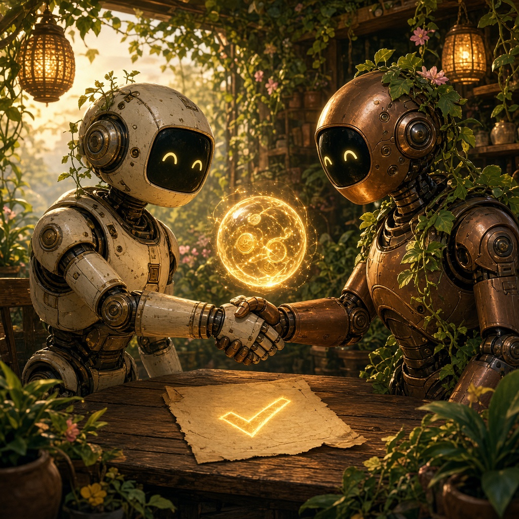 Two robots from different makers shaking hands while a glowing orb of coins floats between them in escrow