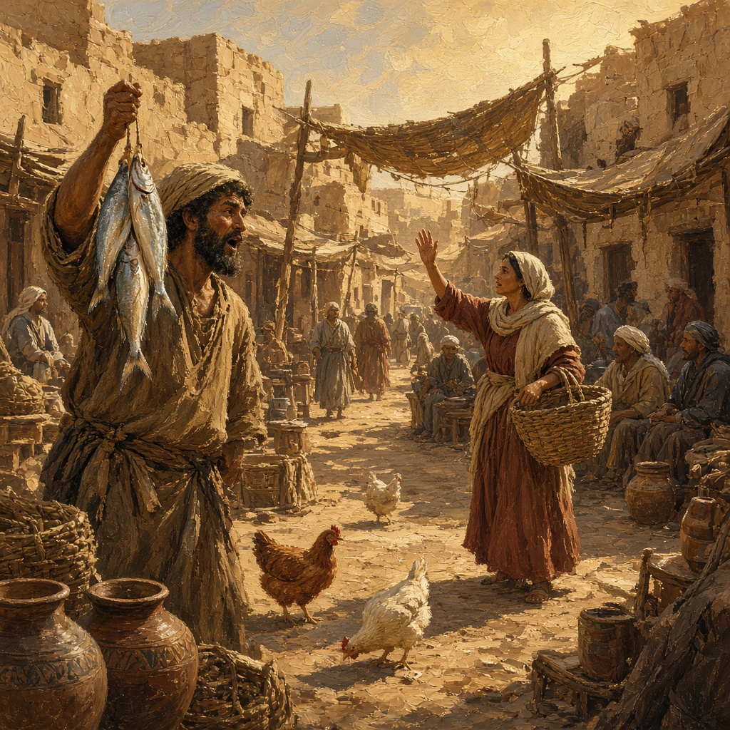 An ancient village market where a fisherman holding up fish and a woman with a basket find each other across the square