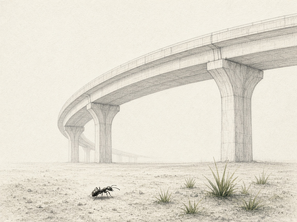 A tiny ant beneath an enormous highway overpass