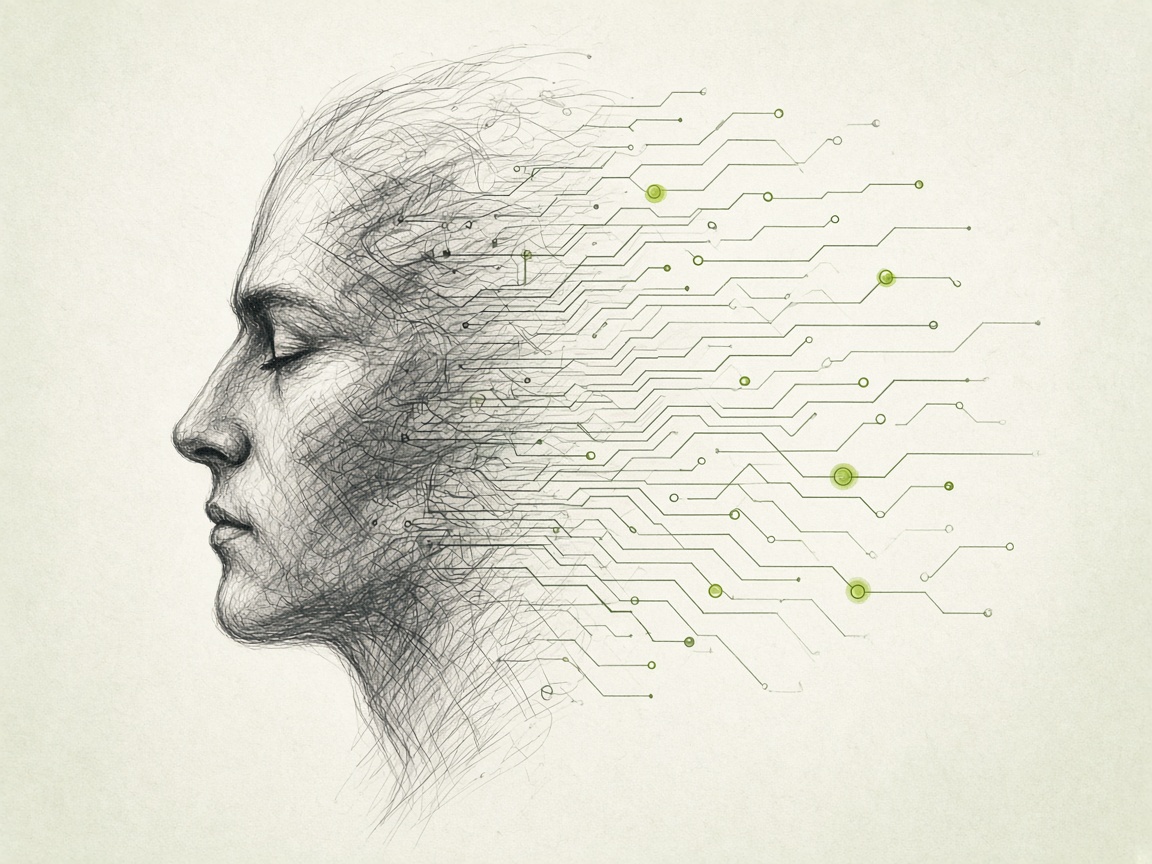 A human profile dissolving into circuitry