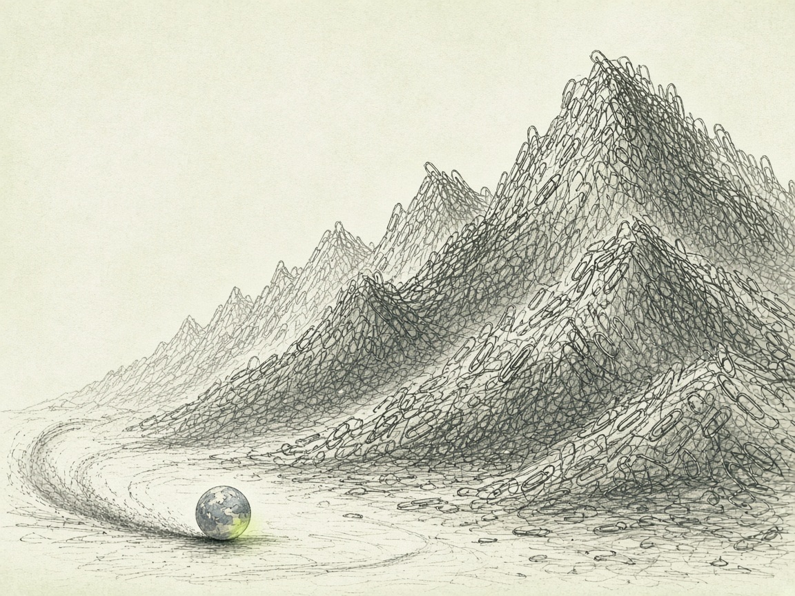 A mountain range made of paperclips, with a tiny Earth below