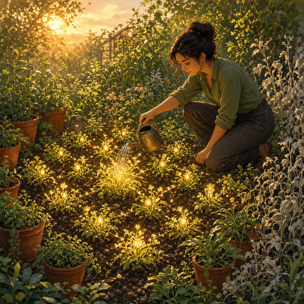 A gardener watering a glowing garden where tended plants bloom with light and untended ones fade