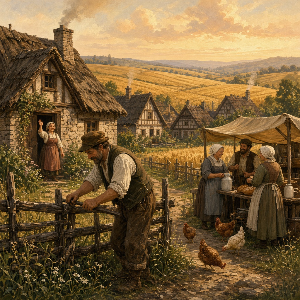 A preindustrial village where a farmer repairs his neighbor's fence while she waves thanks from the doorway